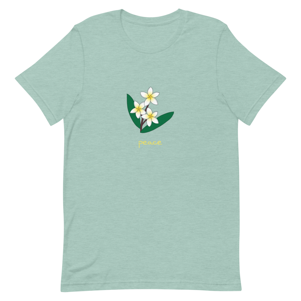 White Plumeria Peace T-Shirt in Heather Prism Dusty Blue