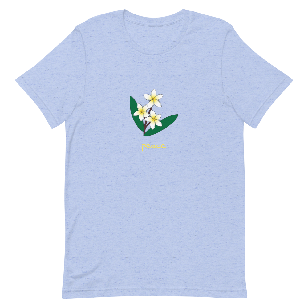 White Plumeria Peace T-Shirt in Heather Blue